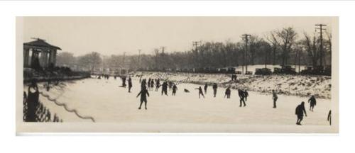 Skaters on the pond at Sinnissippi Park, c. 1920s